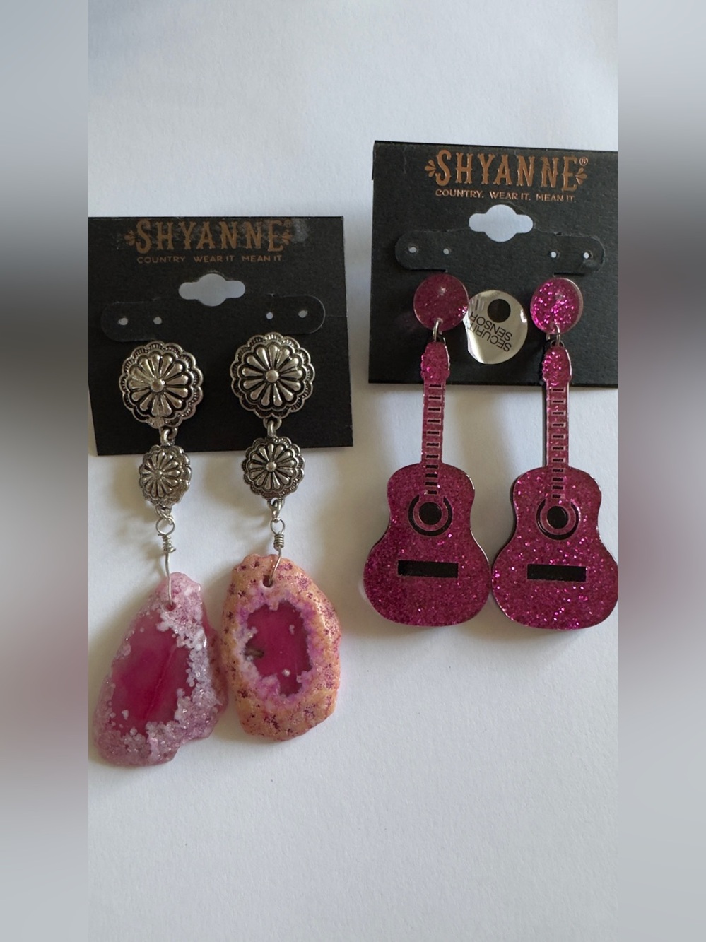 Shyanne Fuchsia Glitter Guitar Earrings & Pink Agate Geode Drop Set